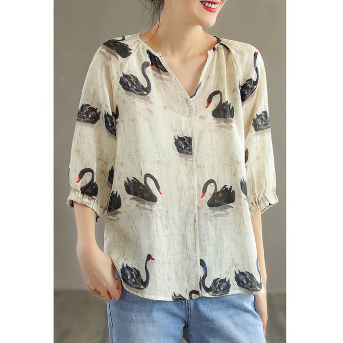 Áo sơ mi linen ngắn tay cổ V một khuy - NU7465