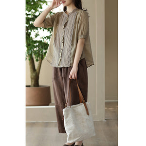 Áo sơ mi linen ngắn tay thêu ren bông tuyết - NU8610