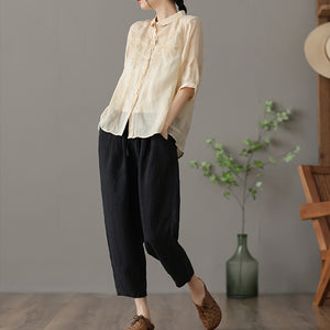 Áo sơ mi linen ngắn tay cổ pipi thêu những bông tuyết đối xứng - NU7182