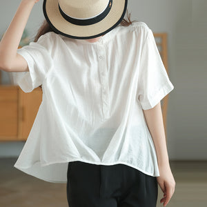 Áo sơ mi linen ngắn tay cổ tròn xếp ly tà lệch bo tròn - NU7388