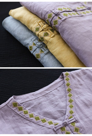 Áo sơ mi linen ngắn tay cổ V khuy tròn hoa văn thổ cẩm - NU6965
