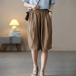Quần baggy lửng linen lưng thun một màu hai túi chéo  - NU7076