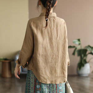 Áo sơ mi linen dài tay cổ pipi một túi xếp ly - NU6760