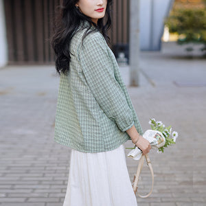 Áo sơ mi linen tay lửng cổ pipi kẻ sọc caro - NU6745