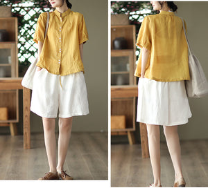 Quần sooc linen lưng thun hai túi chéo một màu - NU7039
