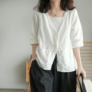 Áo sơ mi linen ngắn tay cổ V form rộng - NU5582