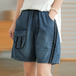 Quần sooc denim lưng thun dây rút hai sọc - NU7510