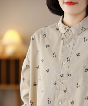 Áo sơ mi dài tay cổ pipi một túi in hoa lá vạt mullet - NU8237