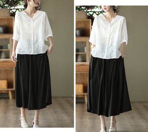 Áo sơ mi linen ngắn tay cổ V thêu ren và dây leo - NU7050