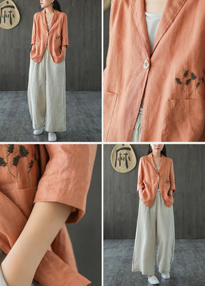 Áo khoác vest linen ngắn tay hai túi thêu nhành hoa - NU7190