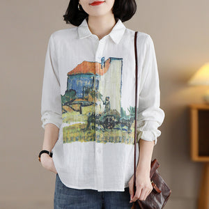 Áo sơ mi linen dài tay cổ đức in tranh đồng quê - NU8341