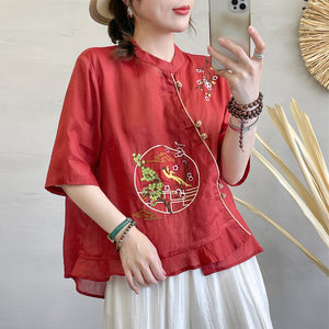 Áo sơ mi linen ngắn tay cổ tàu khuy tròn thêu chim phượng hoàng - NU7172