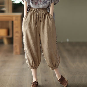 Quần baggy linen lưng thun dây rút thêu ren hai bên - NU7479