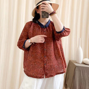 Áo sơ mi linen tay lửng cổ pipi đơn sắc in hoa liti - NU6996