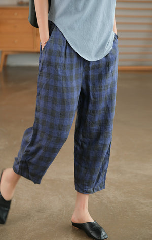 Quần baggy linen kẻ caro lưng thun hai túi chéo - NU7063