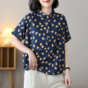 Áo sơ mi linen ngắn tay cổ đức in hoa lá bốn khuy - NU7537