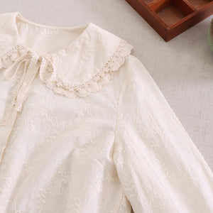 Áo sơ mi linen Morigirl dài tay thêu hoa lá túi tròn  - NU8319