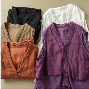 Áo sơ mi linen sát nách cổ V kiểu hai lớp túi vuông - NU8503