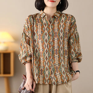 Áo sơ mi linen dài tay cổ đức in hình retro form rộng - NU8314