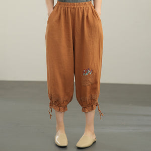 Quần baggy linen lưng thun thêu giỏ hoa ống túm dây rút - NU6631