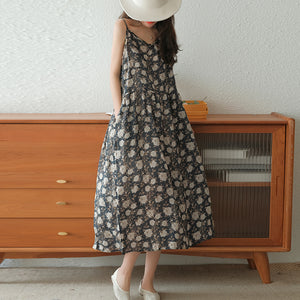 Đầm liền linen hai dây cổ V in hoa lá - NU7071