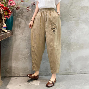 Quần baggy linen lưng thun thêu cô bé tóc xù - NU6830