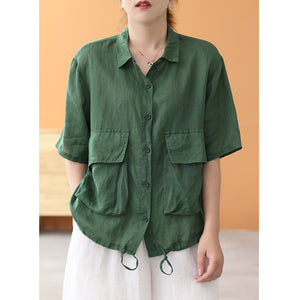 Áo sơ mi linen ngắn tay cổ đức hai túi vương có dây rút - NU7491
