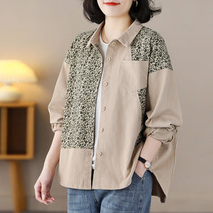 Áo sơ mi dài tay cổ đức hai mảng màu in hoa lá - NU8354