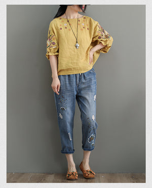 Quần baggy denim thêu hoa bồ công anh - NU3794 - kamaka.vn - thời trang nhật