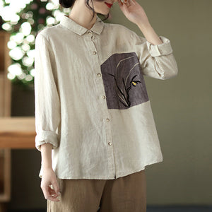 Áo sơ mi linen dài tay cổ đức thêu hoa lan  - NU6724