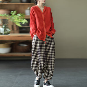 Quần baggy linen lưng thun kẻ sọc caro ống túm - NU7111