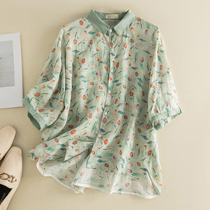 Áo sơ mi linen ngắn tay cổ pipi in hoa tulip sắc màu - NU8544