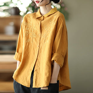 Áo sơ mi linen dài tay cổ đức thêu hoa đối xứng - NU6676