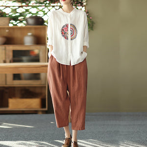 Áo sơ mi linen dài tay cổ tàu thêu hoa văn retro trước ngực - NU6708