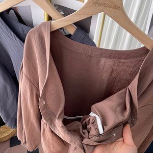 Áo sơ mi linen dài tay cổ V kiểu bo tay - NU8458