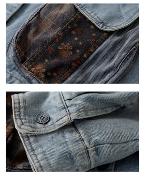 Áo khoác denim dài tay cổ đức hai túi tròn phối hoa lá - NU7893