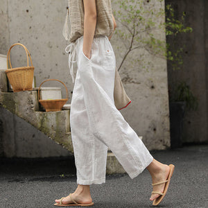 Quần baggy linen lưng thun dây rút một màu - NU8358