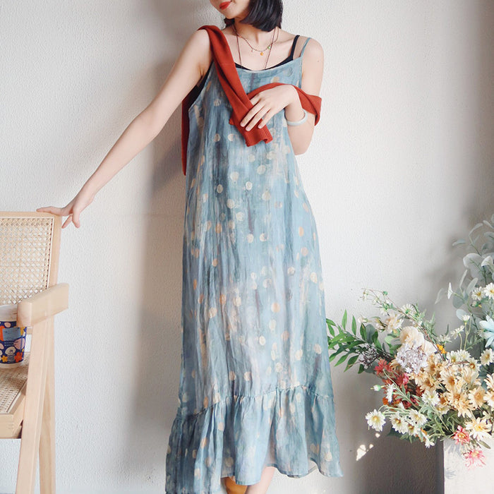 Đầm liền linen hai dây in hoa lá tùng xòe - NU7126