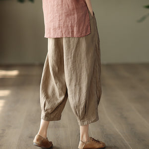 Quần baggy linen lưng thun dây rút thêu hoa hồng - NU7324