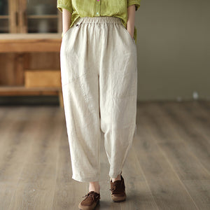 Quần baggy linen lưng thun kiểu đai đính khuy - NU7335