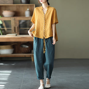 Áo sơ mi linen ngắn tay cổ đứng dây rút vạt áo - NU7016