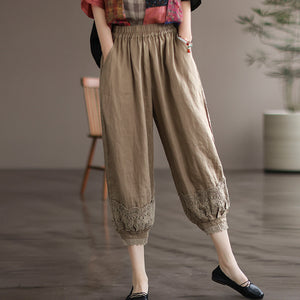 Quần baggy linen lưng thun ống túm thêm hoa lá - NU6990
