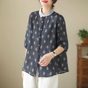Áo sơ mi linen ngắn tay cổ pipi in hoa văn cân đối - NU6985