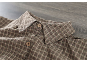 Áo sơ mi linen dài tay cổ đức kẻ sọc caro một túi vuông - NU7688