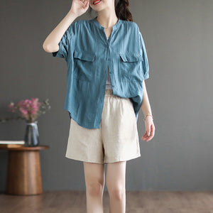 Áo sơ mi linen ngắn tay cổ V hai túi vuông - NU8560