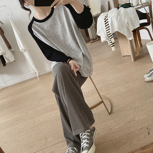 Áo T-shirt dệt kim dài tay phối lệch màu cổ tròn - NU8099