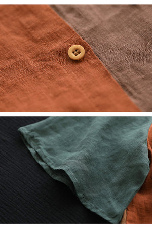 Áo sơ mi linen ngắn tay cổ tròn mảng màu thêu hoa trước túi - NU7053
