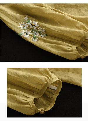 Áo sơ mi linen ngắn tay cổ V thêu hoa lá đối xứng - NU7526
