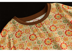 Áo T-shirt linen ngắn tay cổ tròn in hoa lá bo viền - A763