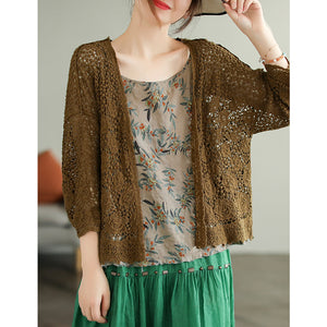 Áo khoác cardigan dệt kim ngắn tay thêu hoa lá - NU7550